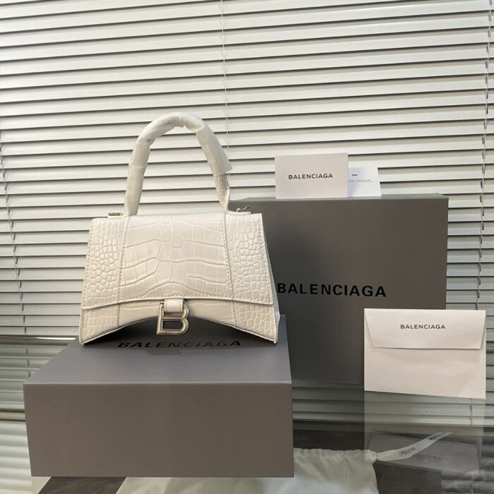 Balenciaga XS Hourglass Top Handle Bag Embossed Croc White 22Cm - Image 2