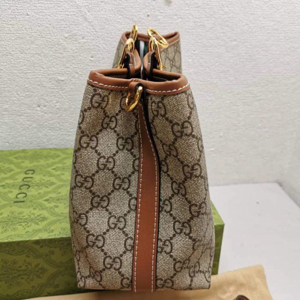 Gucci Emblem Small Tote Bag Beige And Dark Brown 31cm - Image 7