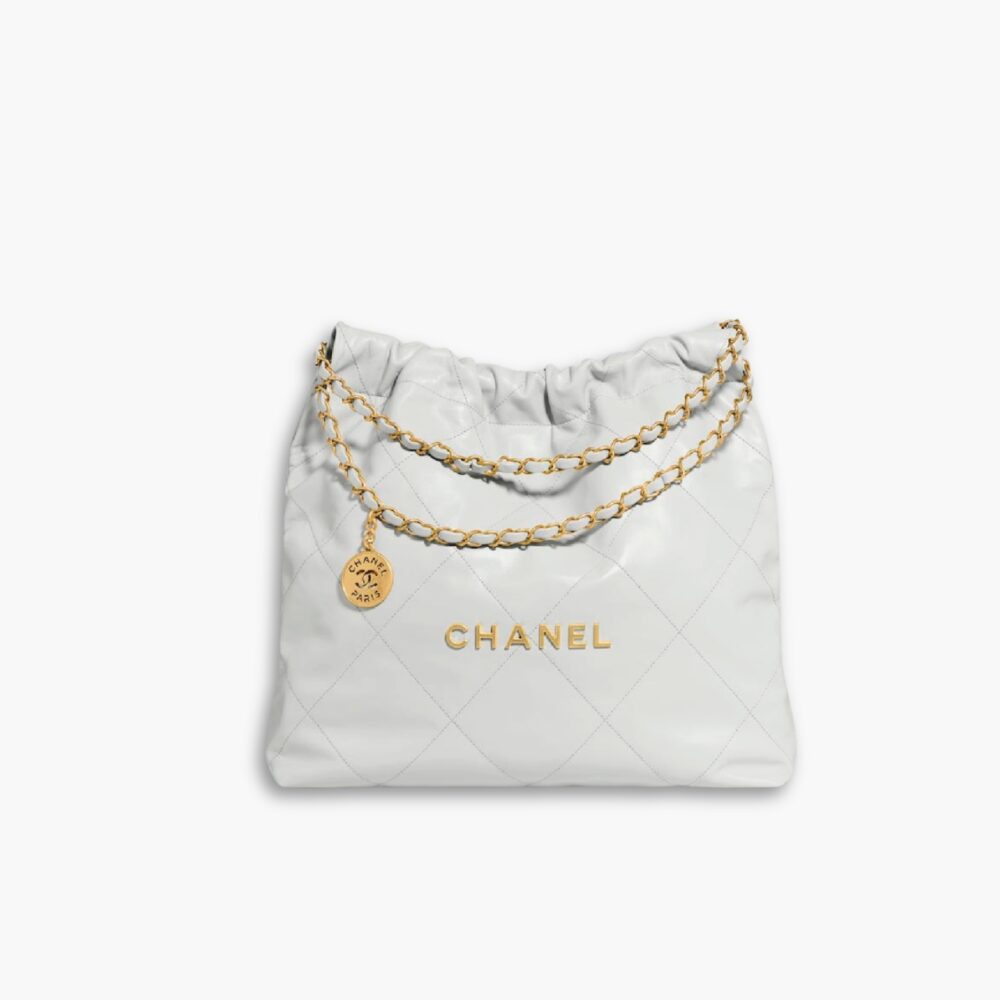 Chanel 22 Bag Shiny Gold Tone Metal Light Gray 30Cm