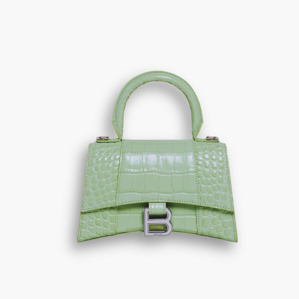 Balenciaga XS Hourglass Top Handle Bag Embossed Croc Light Green 22Cm