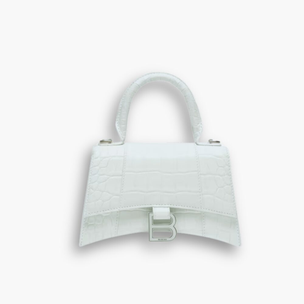 Balenciaga XS Hourglass Top Handle Bag Embossed Croc White 22Cm