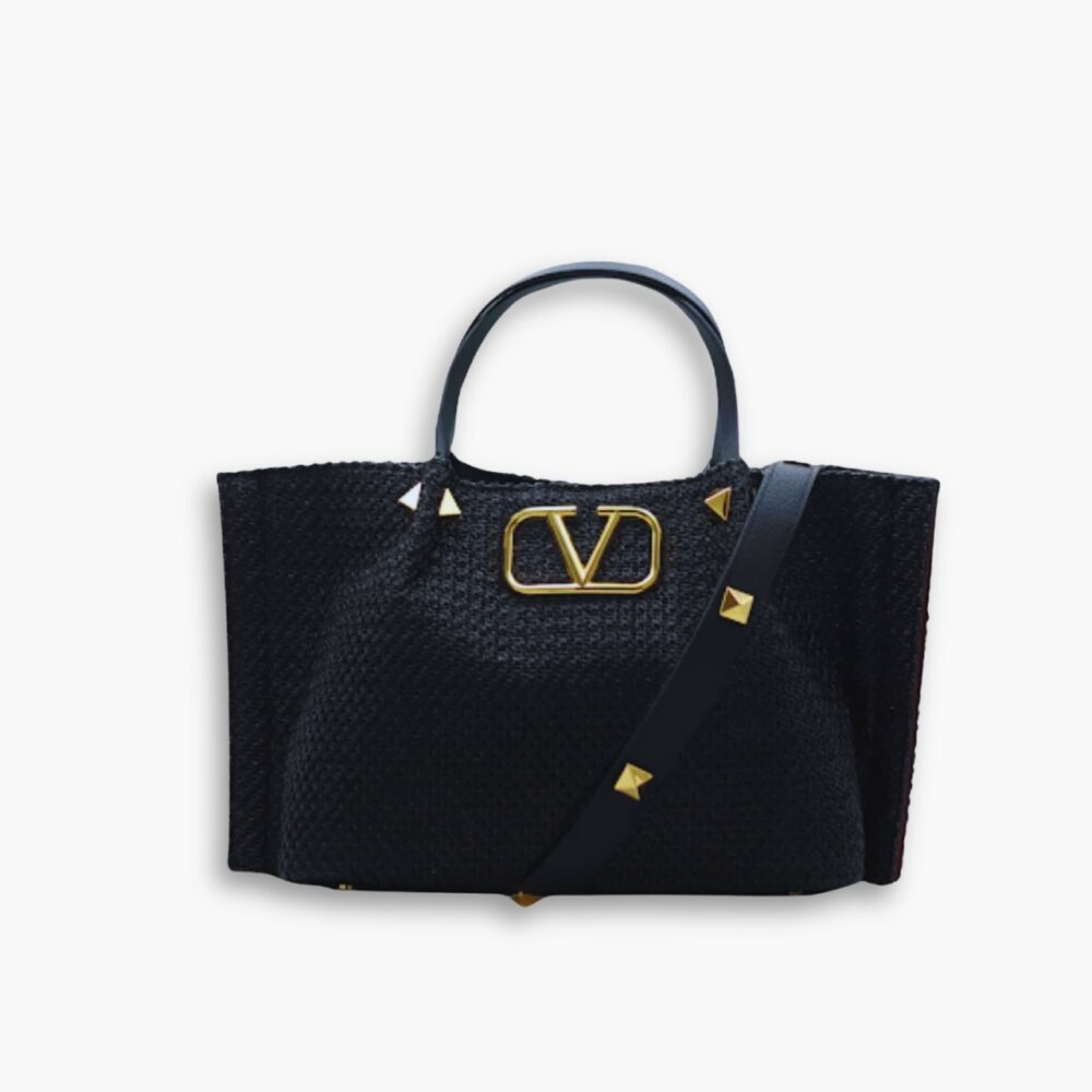 Valentino Garavani Medium Straw Summer Tote Black 35Cm
