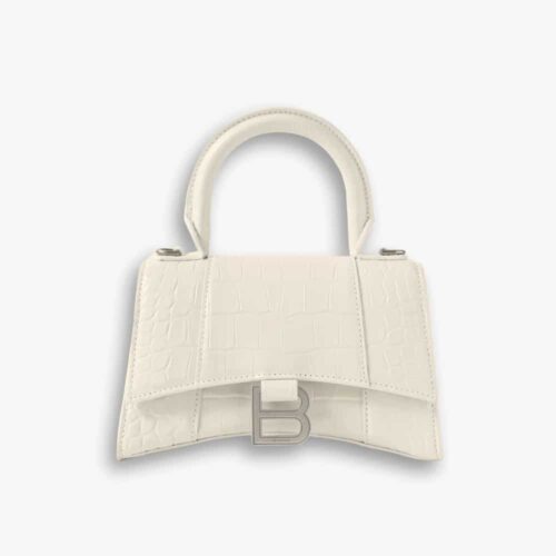 Balenciaga XS Hourglass Top Handle Bag Embossed Croc White 22Cm