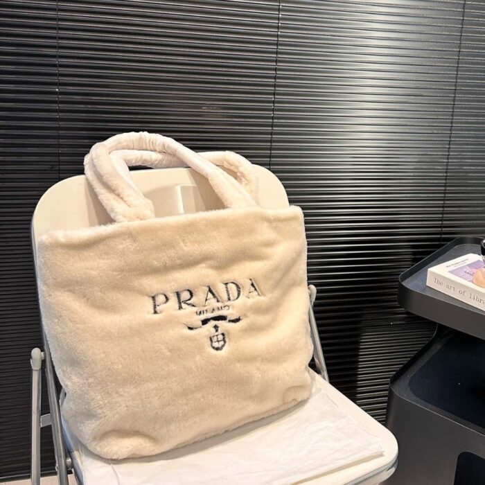 Prada Fur Pile Fabric Tote Bag Beige 30cm - Image 2