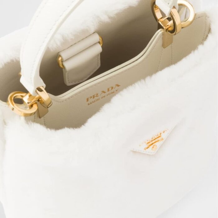 Prada Panier Shearling Bag In White 19cm 1BA373 2ECY F0009 V OOO - Image 3