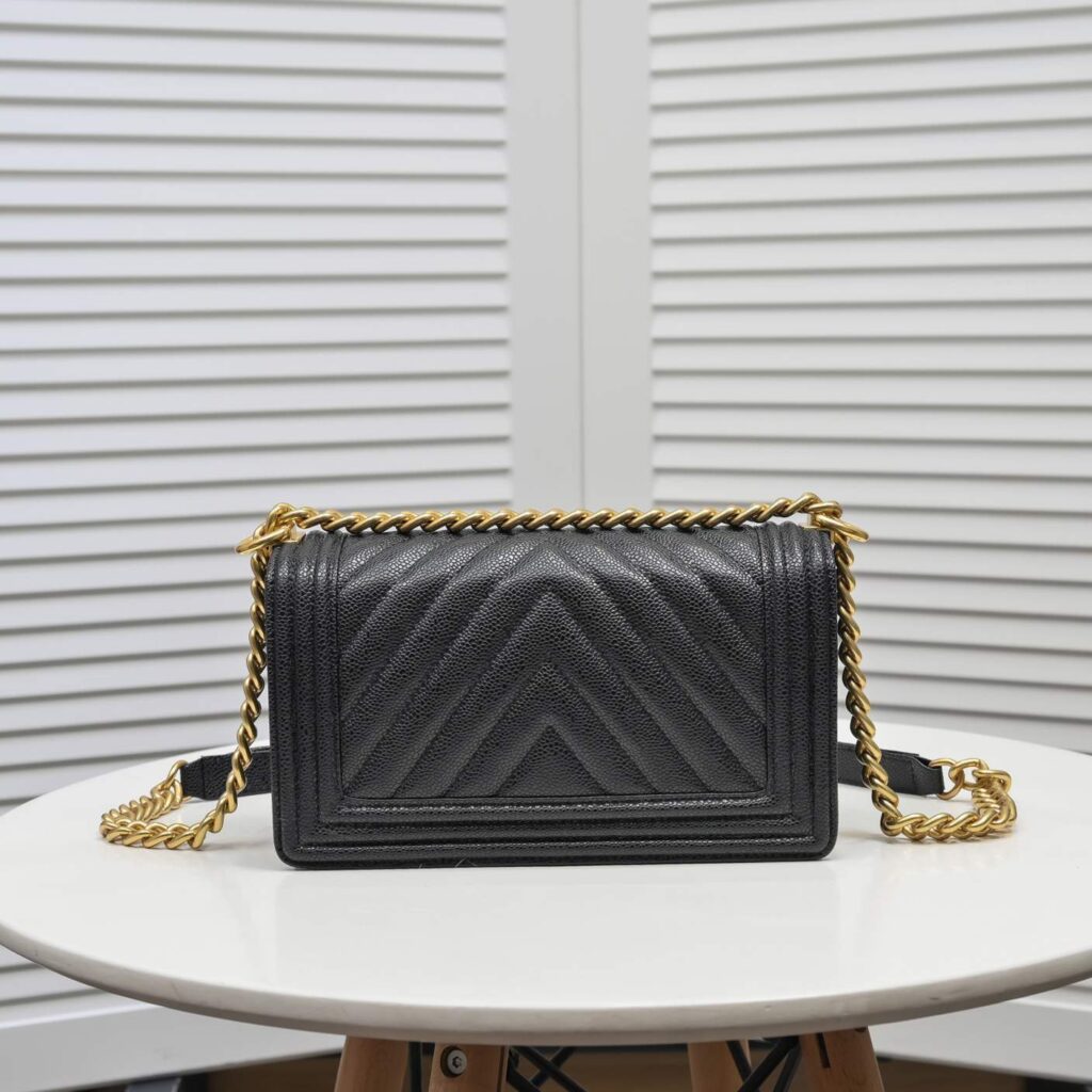 Chanel Boy Chevron Medium Handbag Black In Gold 25cm - Image 4