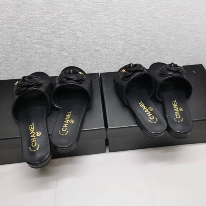 Chanel Camellia Leather Slides Black - Image 5