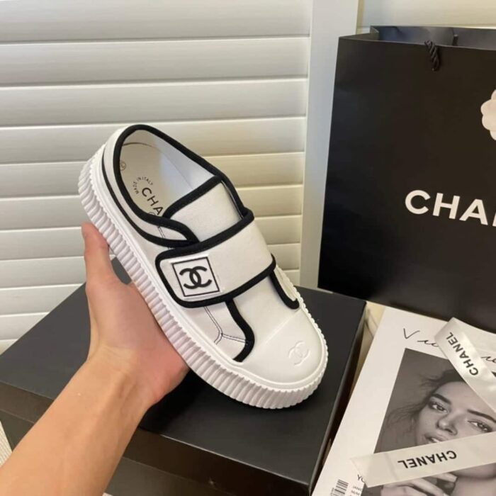 Chanel White CC Cap Toe Slipon Sneaker - Image 2