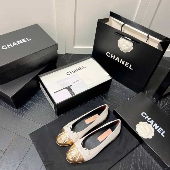 Chanel Leather Cap Toe Ballet Flats White Gold - Image 5