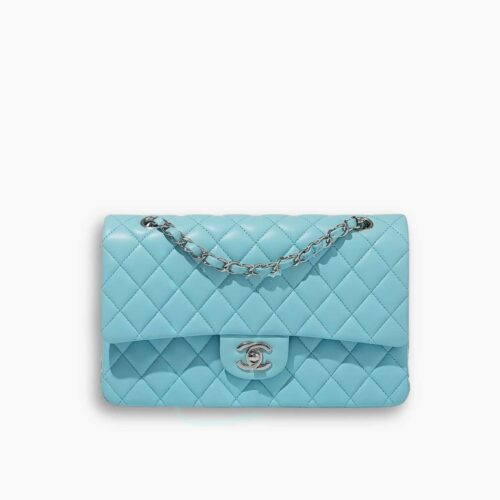 Chanel Classic Double Flap Bag Smooth Light Blue 25cm