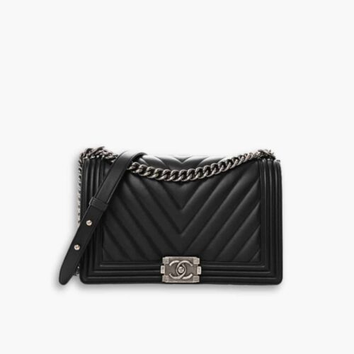 Chanel Boy Chevron Medium Handbag In Silver Black 25cm