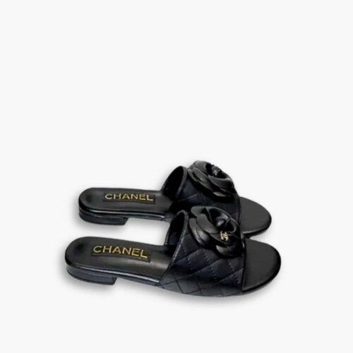 Chanel Camellia Leather Slides Black