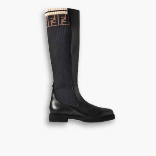 Fendi Rockoko Leather Ankle Long Boots With Beige