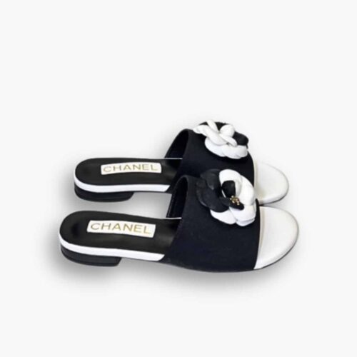 Chanel Camellia Two Tone Slides White And Black