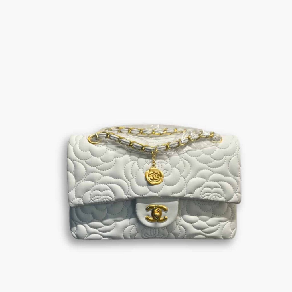 Chanel Flap Bag With Camellia Flower Chain White 26cm