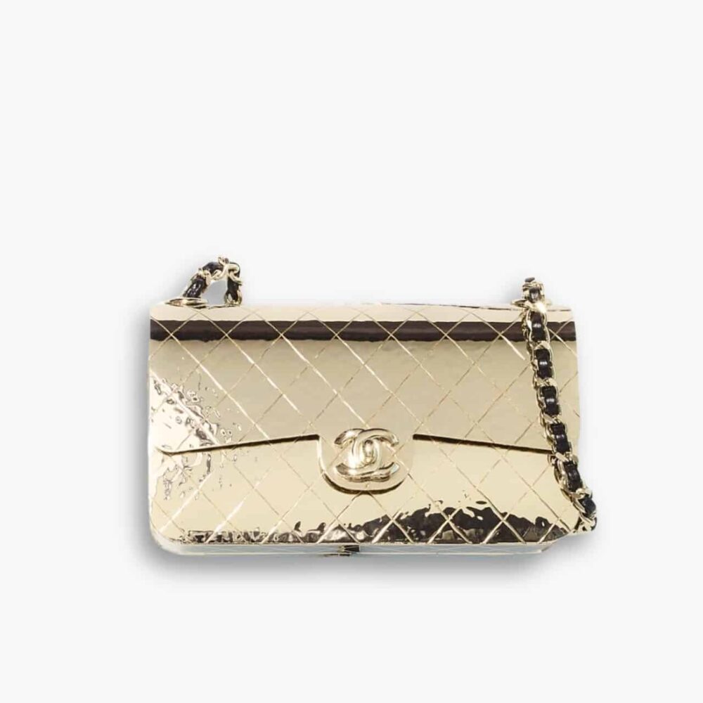 Chanel Quilted Hammered Metal Mini Classic Flap Evening Box Bag Gold 18cm