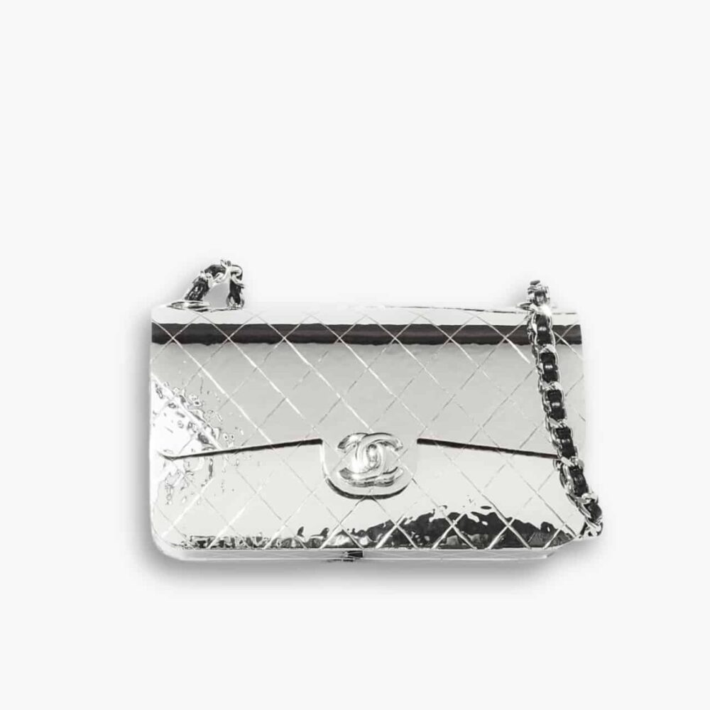 Chanel Quilted Hammered Metal Mini Classic Flap Evening Box Bag Silver 18cm