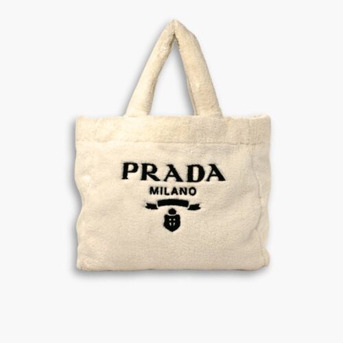 Prada Fur Pile Fabric Tote Bag Beige 30cm