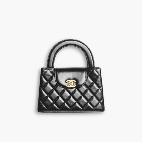 Chanel Kelly Mini Shopping Bag Shiny Aged Gold Tone Metal Black 19Cm AS4416 B14296 94305
