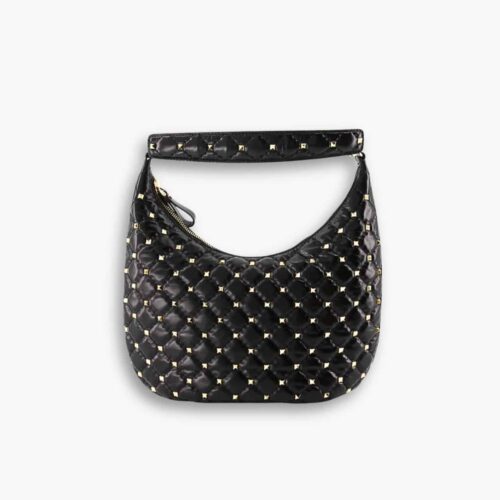 Valentino Rockstud Spike Leather Hobo Bag Black 28cm