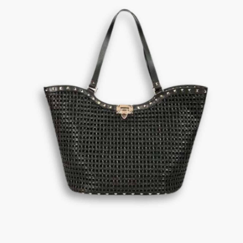 Valentino Garavani Rockstud Raffia Tote Bag Black 31cm