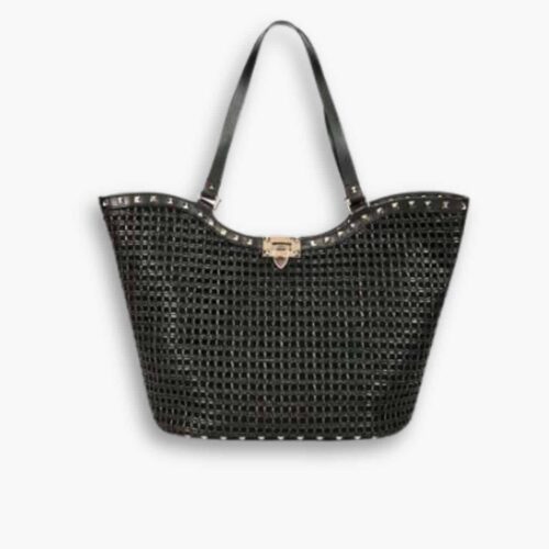 Valentino Garavani Rockstud Raffia Tote Bag Black 31cm