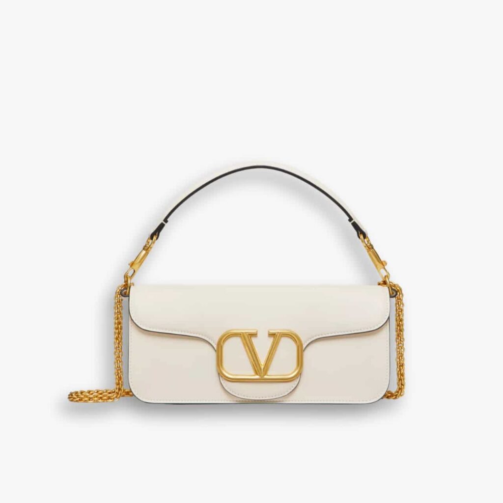 Valentino Garavani Locò Leather Shoulder Bag White 28cm