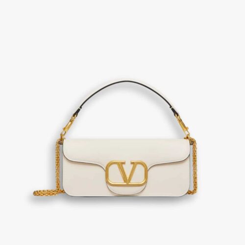 Valentino Garavani Locò Leather Shoulder Bag White 28cm