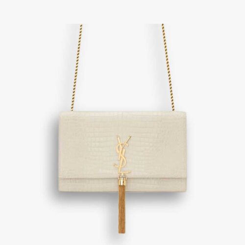 Saint Laurent Kate Medium Tassel In Crocodile White 24cm