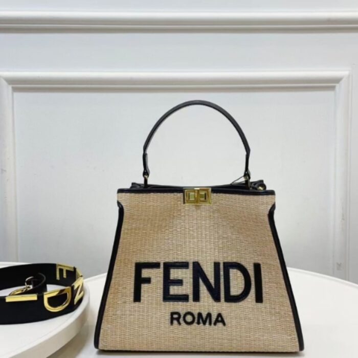 Fendi Peekaboo Raffia Tote Bag Beige Black 28cm - Image 2