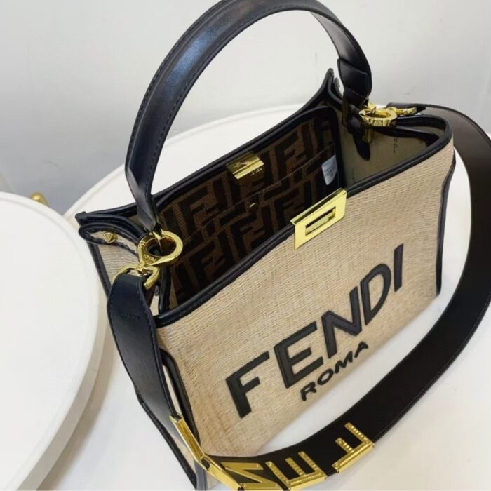 Fendi Peekaboo Raffia Tote Bag Beige Black 28cm - Image 6