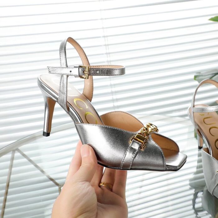 Gucci Metal Chain Mule Heels Sandals In Silver - Image 5