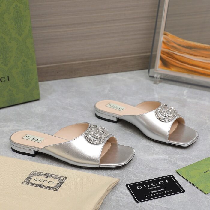 Gucci GG Crystal Slippers Silver - Image 6