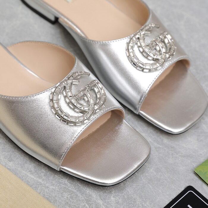 Gucci GG Crystal Slippers Silver - Image 2