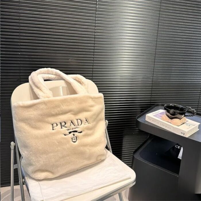 Prada Fur Pile Fabric Tote Bag Beige 30cm - Image 3