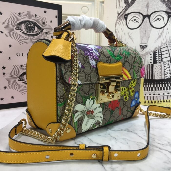 Gucci GG Supreme Flora Padlock Bamboo Handle Bag 24cm - Image 6