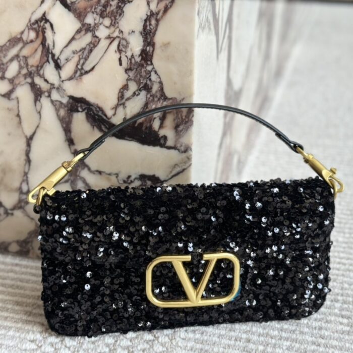 Valentino Loco Medium Vlogo Sequins Shoulder Bag Black 26cm - Image 3