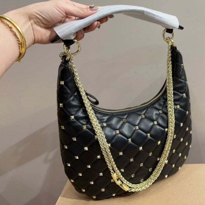 Valentino Rockstud Spike Leather Hobo Bag Black 28cm - Image 2