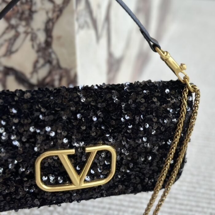 Valentino Loco Medium Vlogo Sequins Shoulder Bag Black 26cm - Image 5