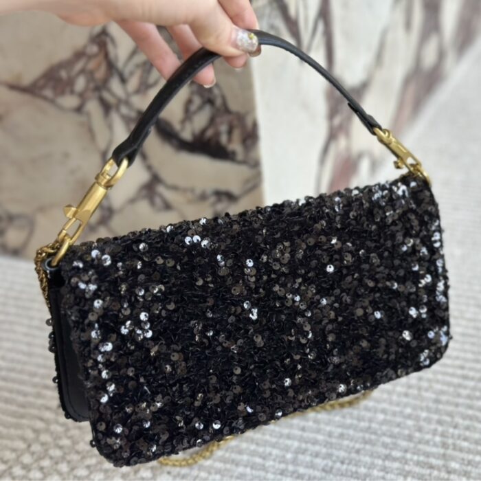 Valentino Loco Medium Vlogo Sequins Shoulder Bag Black 26cm - Image 6