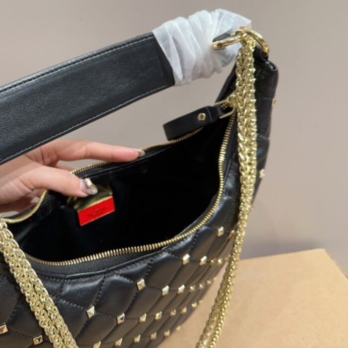 Valentino Rockstud Spike Leather Hobo Bag Black 28cm - Image 8