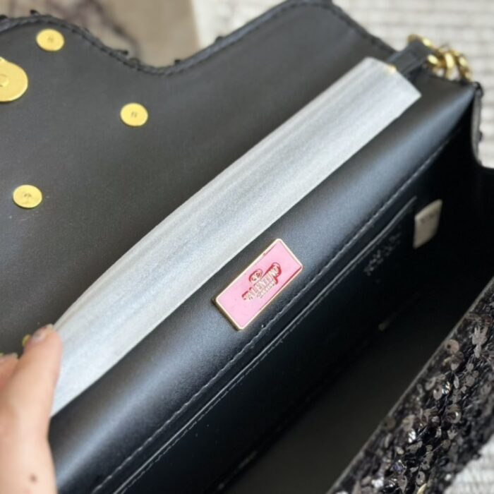 Valentino Loco Medium Vlogo Sequins Shoulder Bag Black 26cm - Image 10