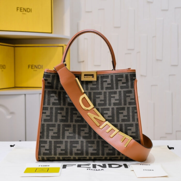 Fendi Peekaboo FF Logo Handbag Brown 30Cm - Image 3