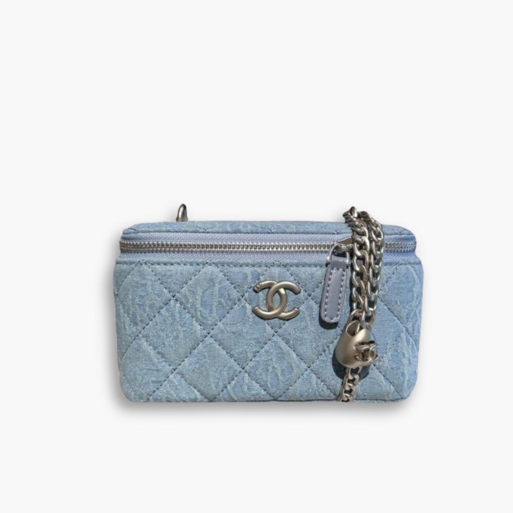 Chanel Camellia Denim Vanity Bag With Heart Chain Light Blue 18cm