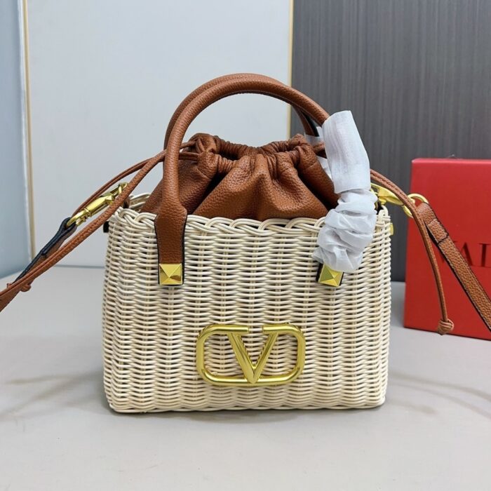 Valentino Vlogo Signature Wicker Bucket Bag Brown 26cm - Image 2