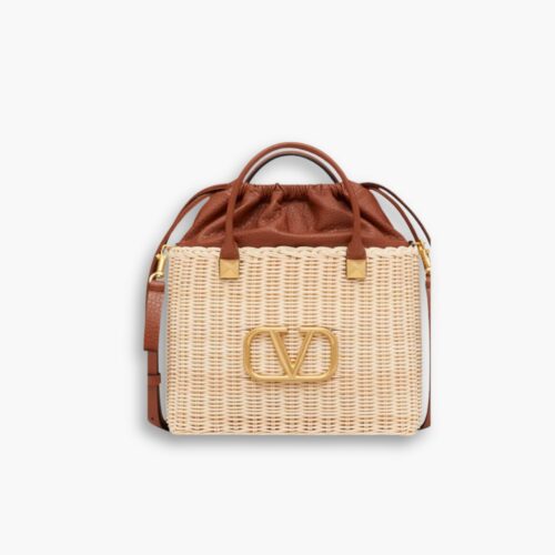 Valentino Vlogo Signature Wicker Bucket Bag Brown 26cm