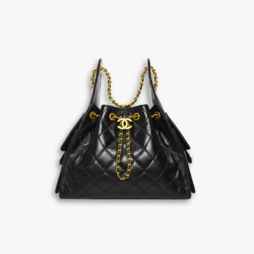 Chanel 25 Small Handbag Shiny Crumpled And Gold Tone Ruthenium Finish Metal Black 26Cm