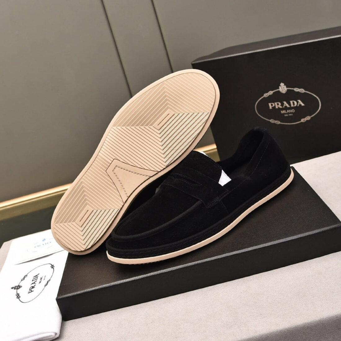 Prada Men Flat Loafers Suede Leather Black - Image 3