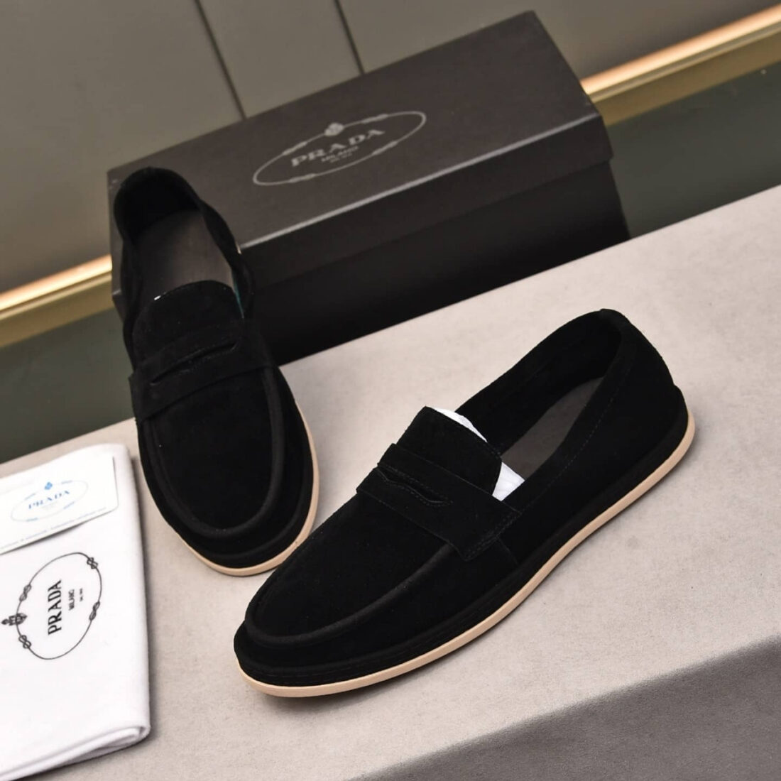 Prada Men Flat Loafers Suede Leather Black - Image 7