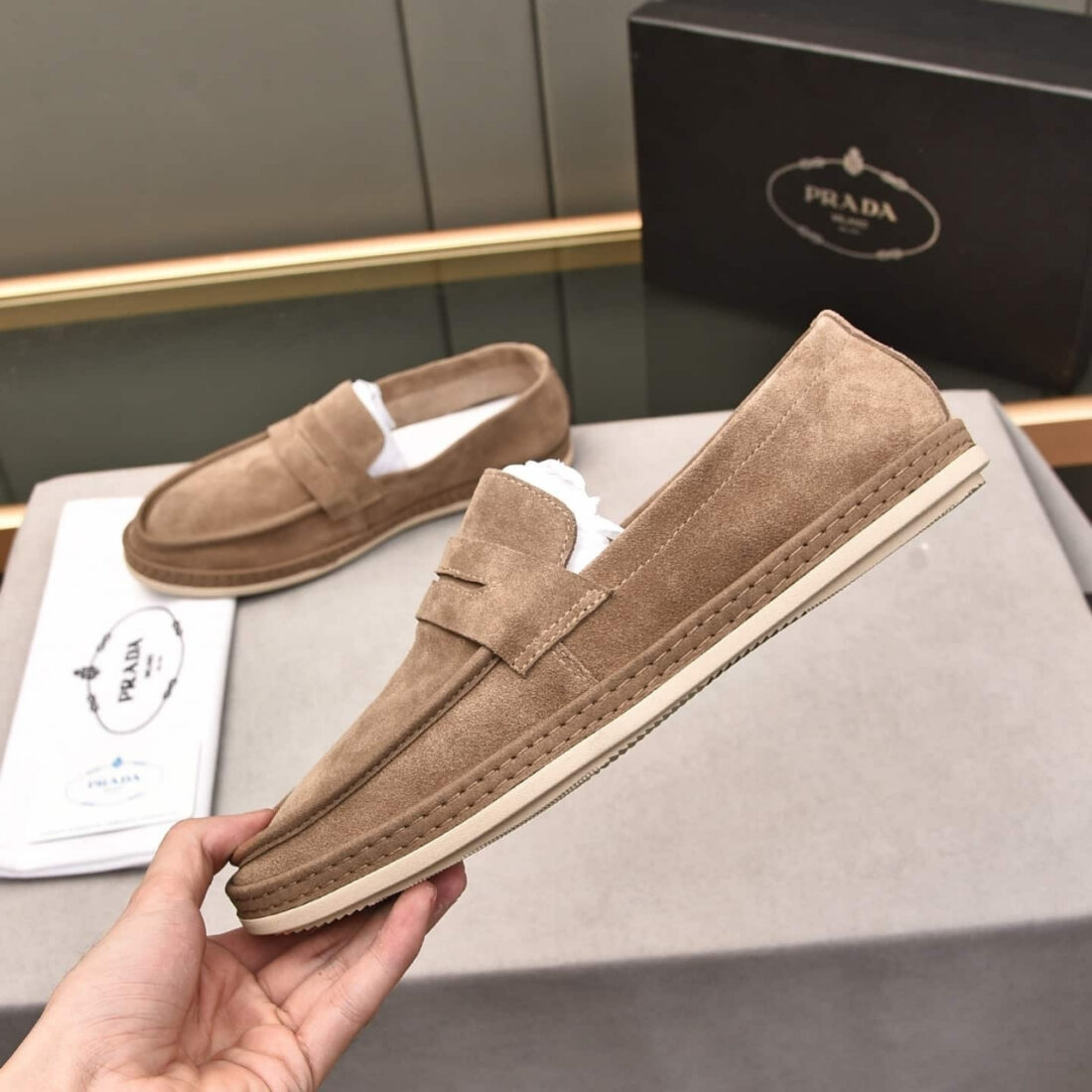 Prada Men Flat Loafers Suede Leather Brown - Image 7